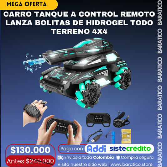CARRO TANQUE A CONTROL REMOTO LANZA BOLITAS DE HIDROGEL TODO TERRENO 4X4