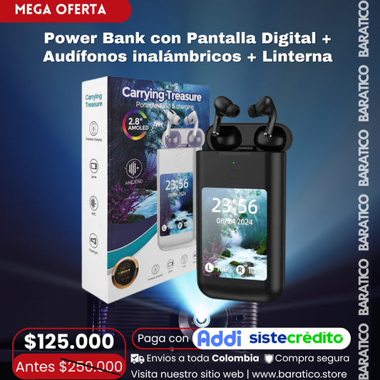 PowerBank con Pantalla Digital + Audífonos inalámbricos + Linterna