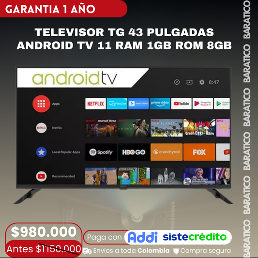 Televisor Tg 43 Pulgadas Android Tv 11 Ram 1gb Rom 8gb 📺🟢