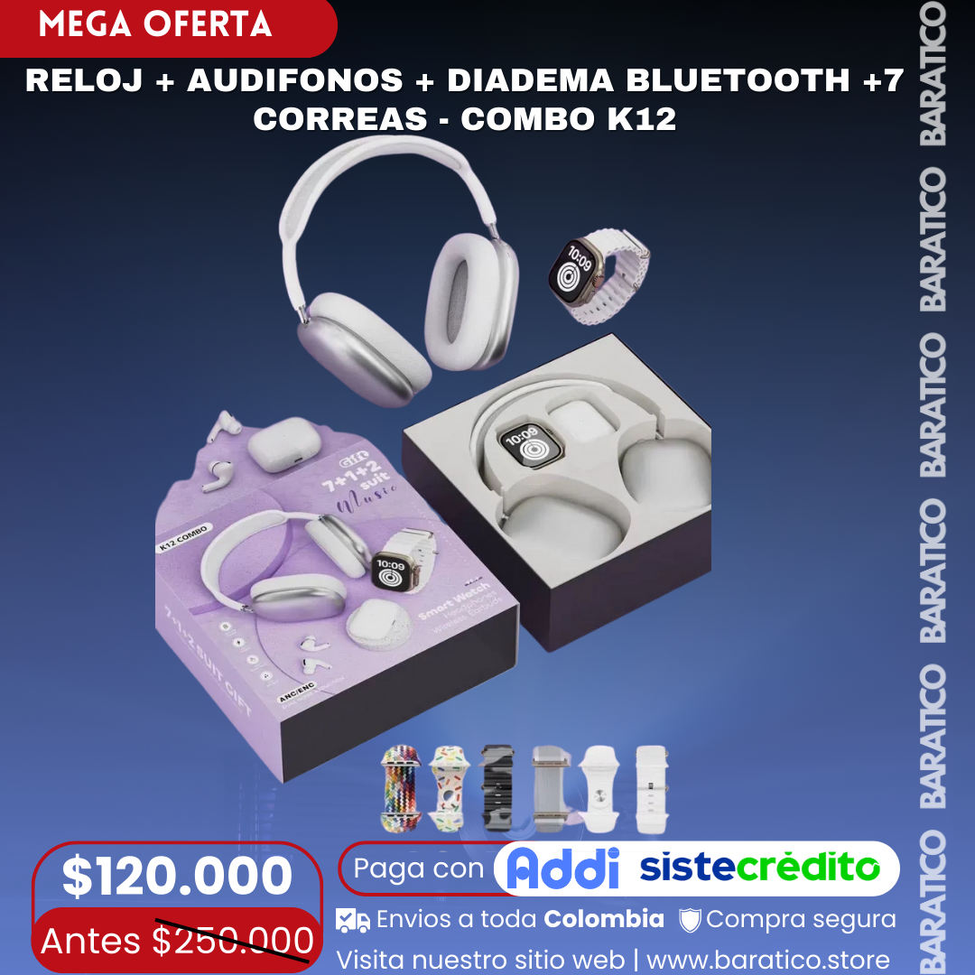 🔥COMBO K12 RELOJ + AUDIFONOS + DIADEMA BLUETOOTH +7 CORREAS 😱
