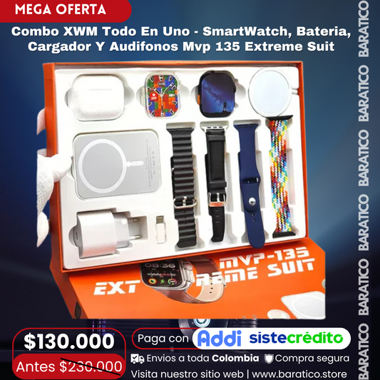 Combo XWM Todo En Uno - SmartWatch,  Bateria, Cargador Y Audifonos Para iPhone Mvp 135 Extreme Suit