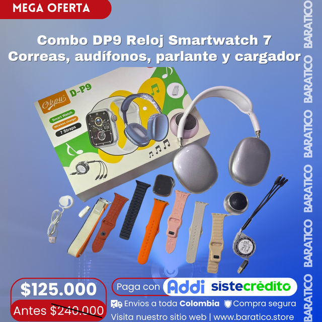 Combo DP9 Reloj Smartwatch 7 Correas, audífonos, parlante y cargador ⚡