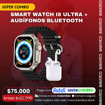 SÚPER COMBO SMART WATCH I8 ULTRA + AUDÍFONOS BLUETOOTH ⭐PRECIO : $75.000!😱!