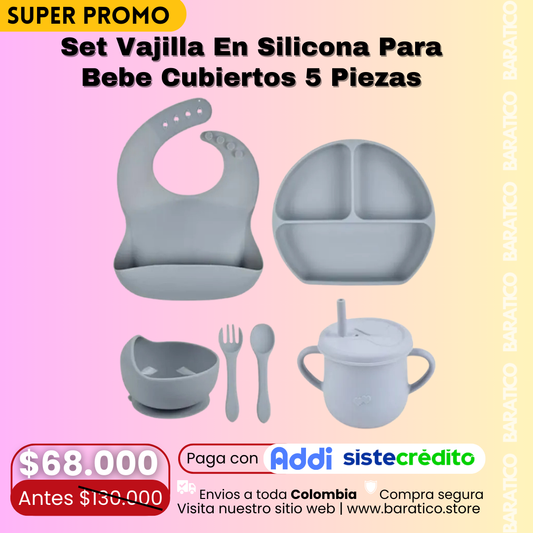 Set Vajilla En Silicona Para Bebe Cubiertos 5 Piezas