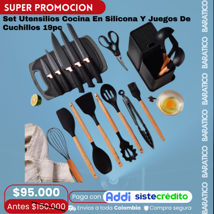 Set Utensilios Cocina En Silicona Y Juegos De Cuchillos 19pc 🔥📢PROMOCION