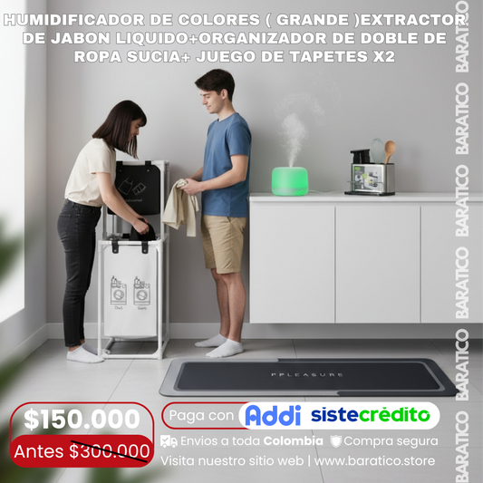 COMBO Humidificador de colores ( Grande )Extractor de jabon liquido+Organizador de doble de ropa sucia+ Juego de tapetes X2