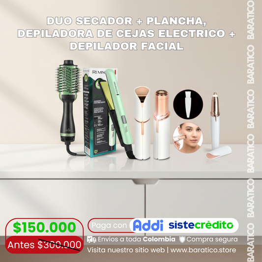 COMBO Cepillo secador Y Plancha + Depiladora de cejas eléctrico +Depilador facial