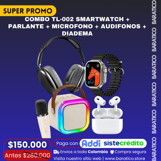 COMBO TL-002 SMARTWATCH +  PARLANTE + MICROFONO + AUDIFONOS + DIADEMA