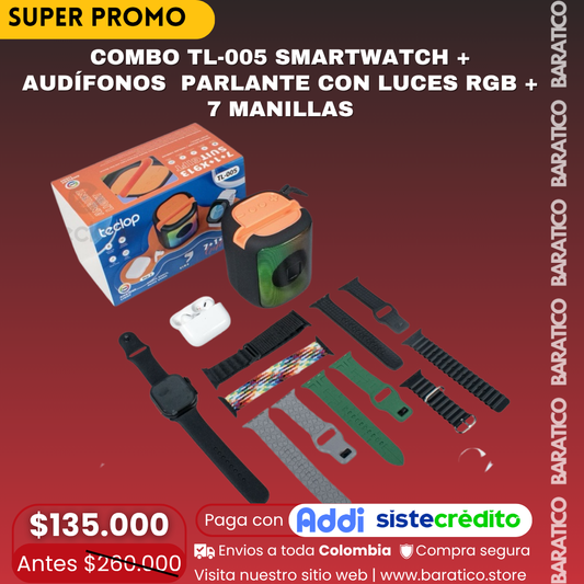 COMBO TL-005 SMARTWATCH + AUDÍFONOS + PARLANTE CON LUCES RGB + 7 MANILLAS