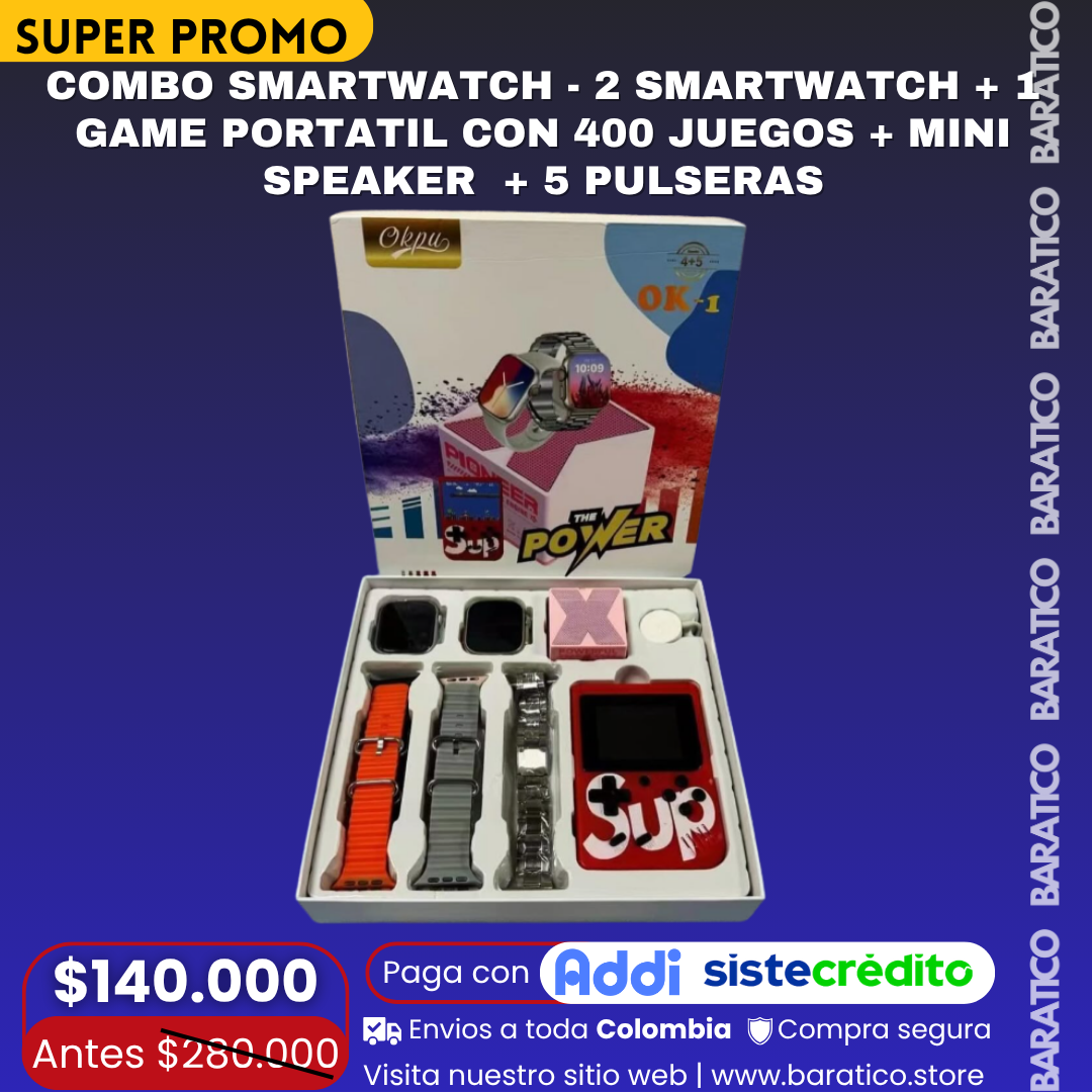 COMBO POWER-  2 SMARTWATCH+ 1 GAME PORTATIL CON 400 JUEGOS + MINI SPEAKER  + 5 PULSERAS