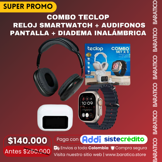 Combo Teclop Reloj Smartwatch + Audifonos Pantalla + Diadema Inalámbrica
