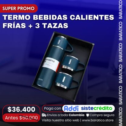 TERMO BEBIDAS CALIENTES FRÍAS + 3 TAZAS 🍵