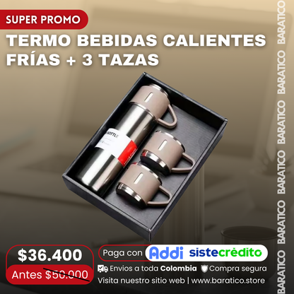 TERMO BEBIDAS CALIENTES FRÍAS + 3 TAZAS 🍵