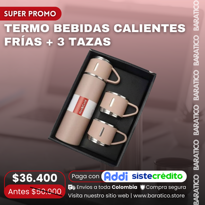 TERMO BEBIDAS CALIENTES FRÍAS + 3 TAZAS 🍵