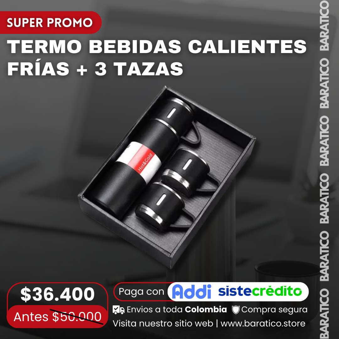 TERMO BEBIDAS CALIENTES FRÍAS + 3 TAZAS 🍵