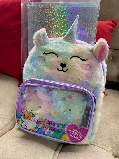 Maleta Mochila Unicornio Peluche + Set De Maquillaje Niñas