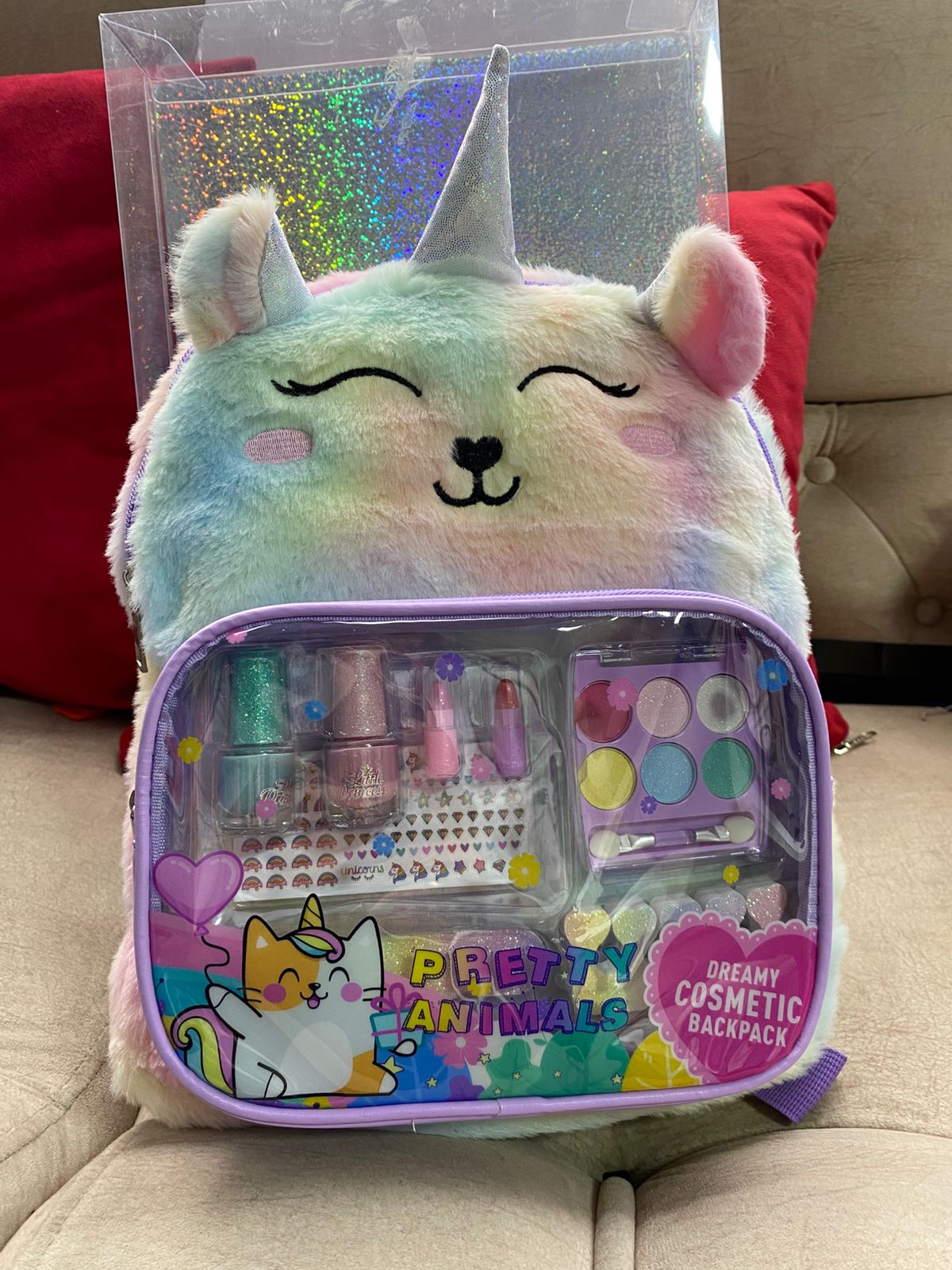 Maleta Mochila Unicornio Peluche + Set De Maquillaje Niñas