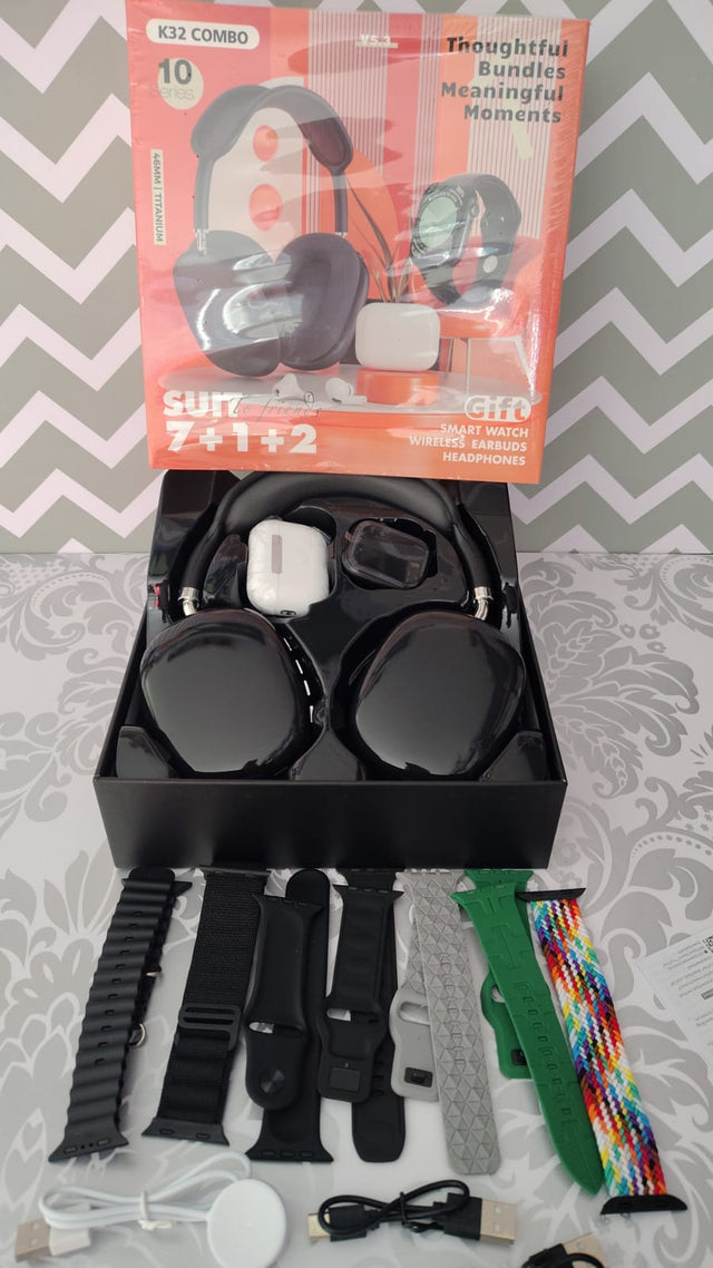 COMBO K32 SMARTWATCH + 7 PULSOS , DIADEMA MAX, AIRPODS MAX