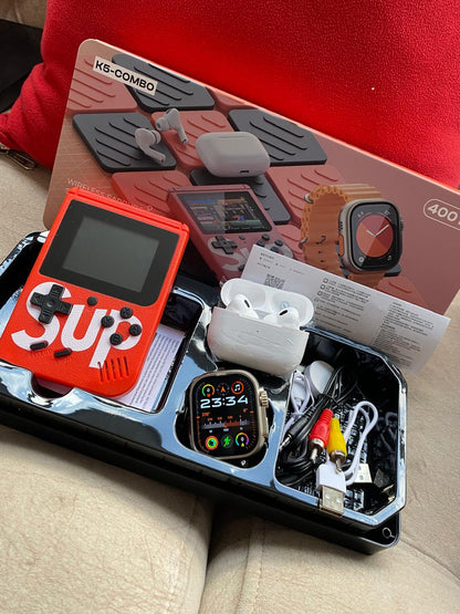 COMBO K5 SMARTWATCH, AUDÍFONOS INALAMBRICOS Y GAME BOY SUP