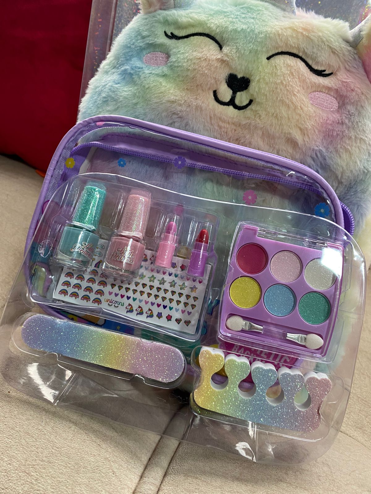 Maleta Mochila Unicornio Peluche + Set De Maquillaje Niñas