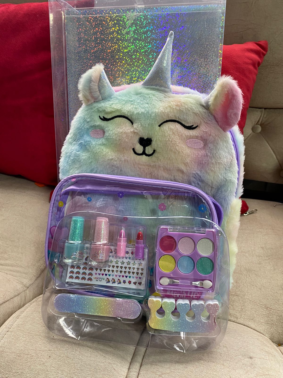 Maleta Mochila Unicornio Peluche + Set De Maquillaje Niñas